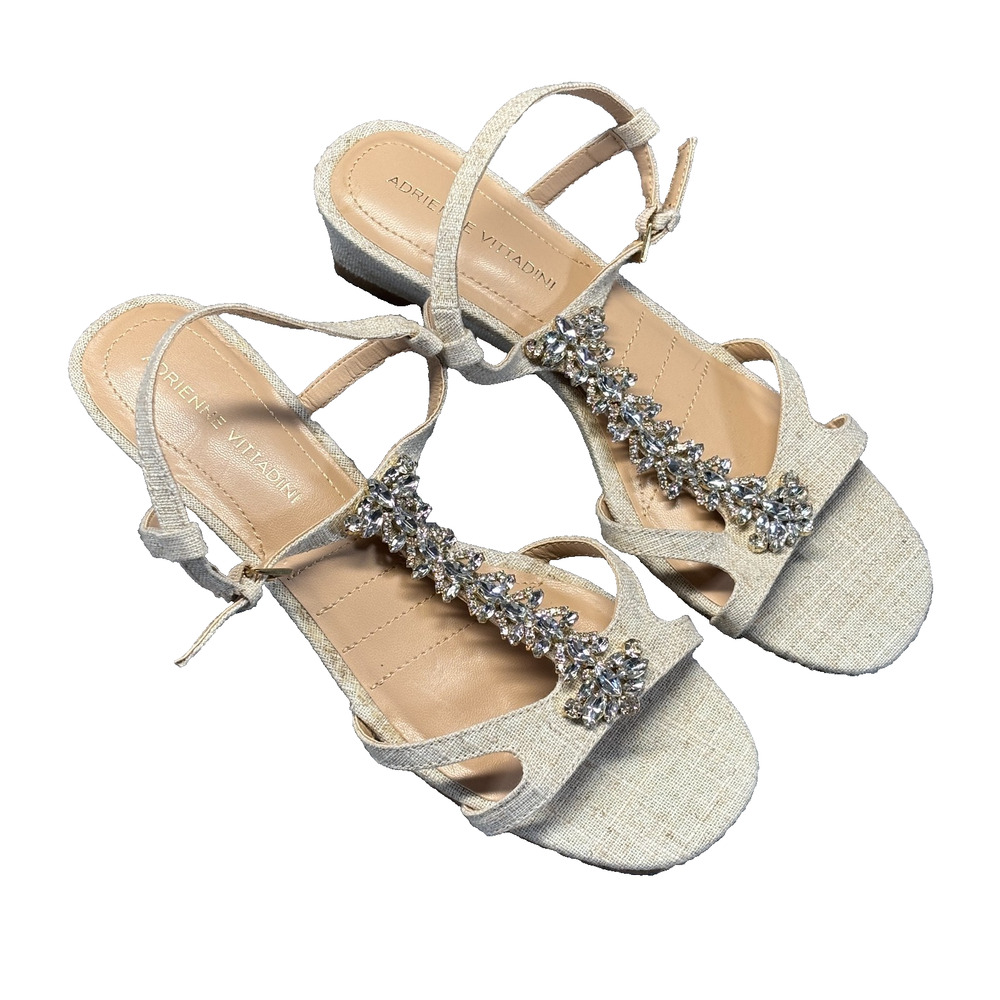Adrienne Vittadini Arschie Crystal Rhinestone Wedge Sandal Women's 8.5M Linen